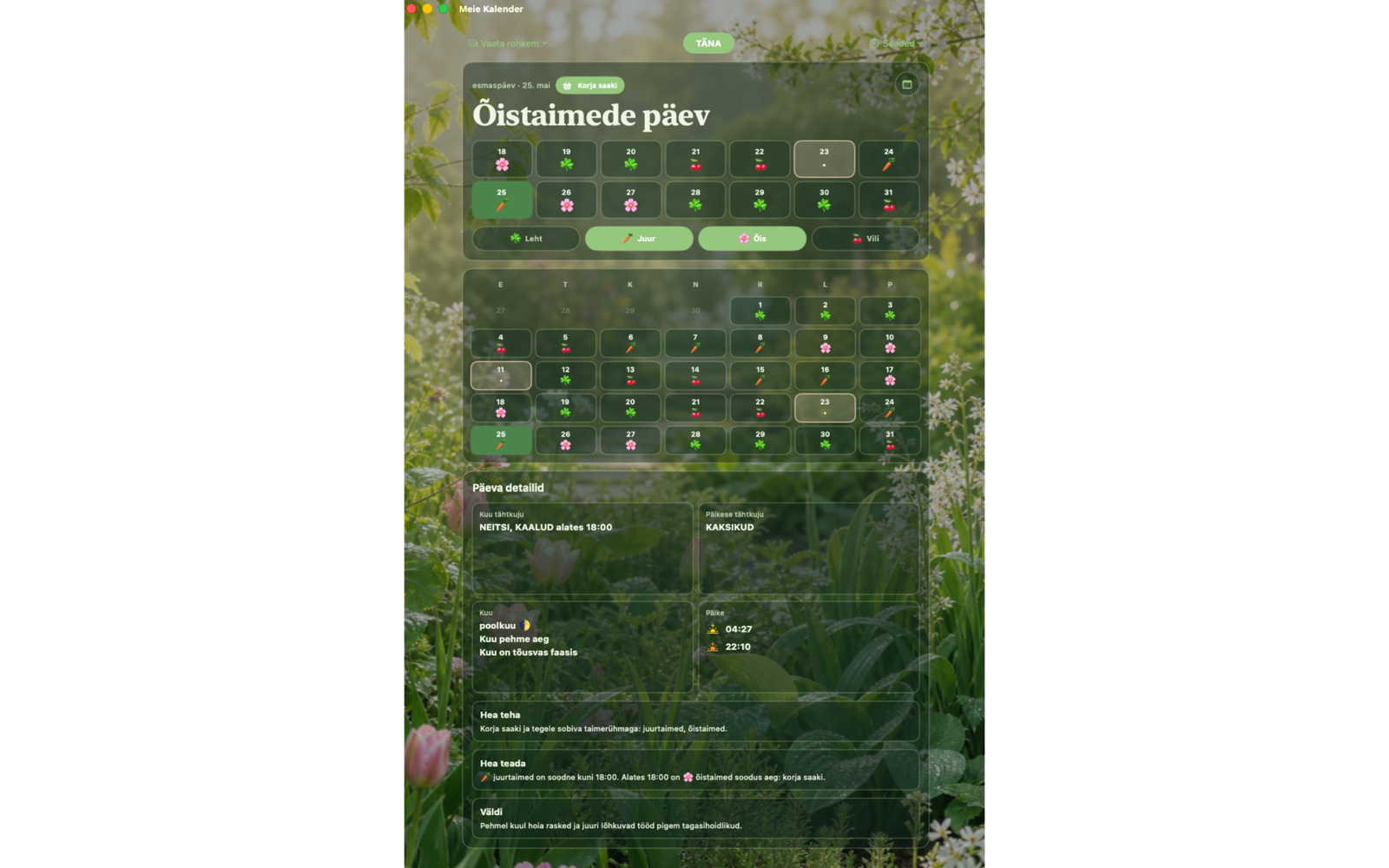 MacOS Meie Kalender aiakalendri vaade hooajalise aiainfo ja kuuga.