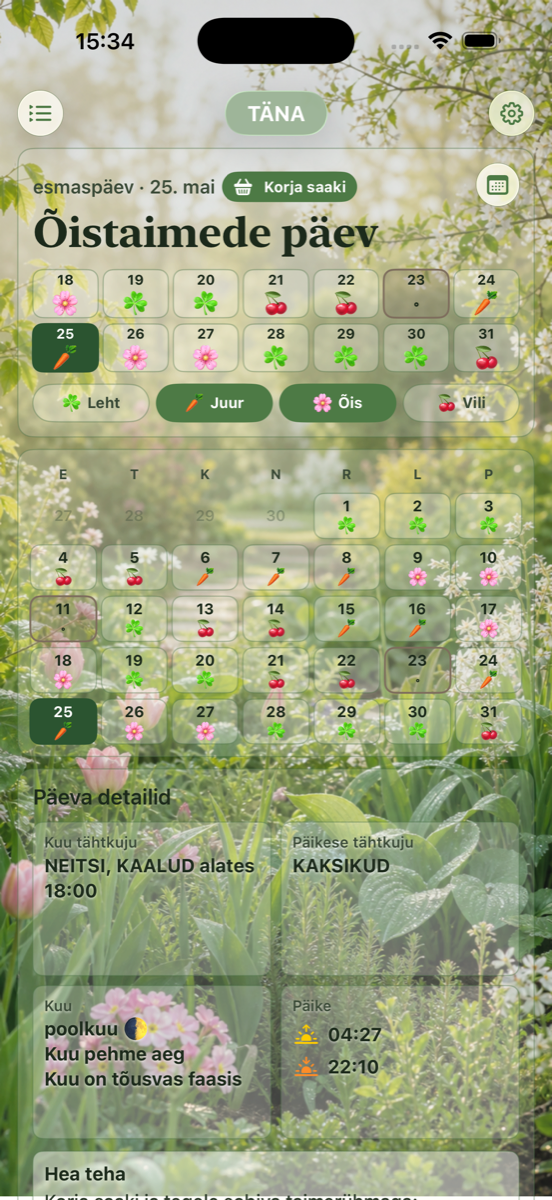 iPhone'i Meie Kalender aiakalendri vaade kuu ja aiapäeva infoga.