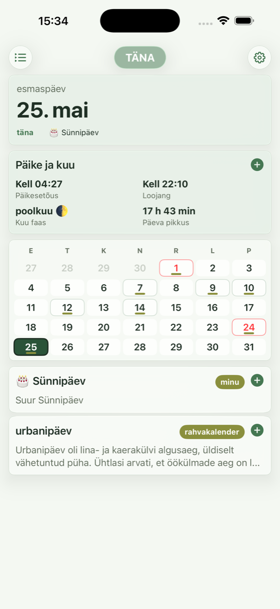 Meie Kalender iPhone'i vaade heleda kalendri ja päevainfoga.