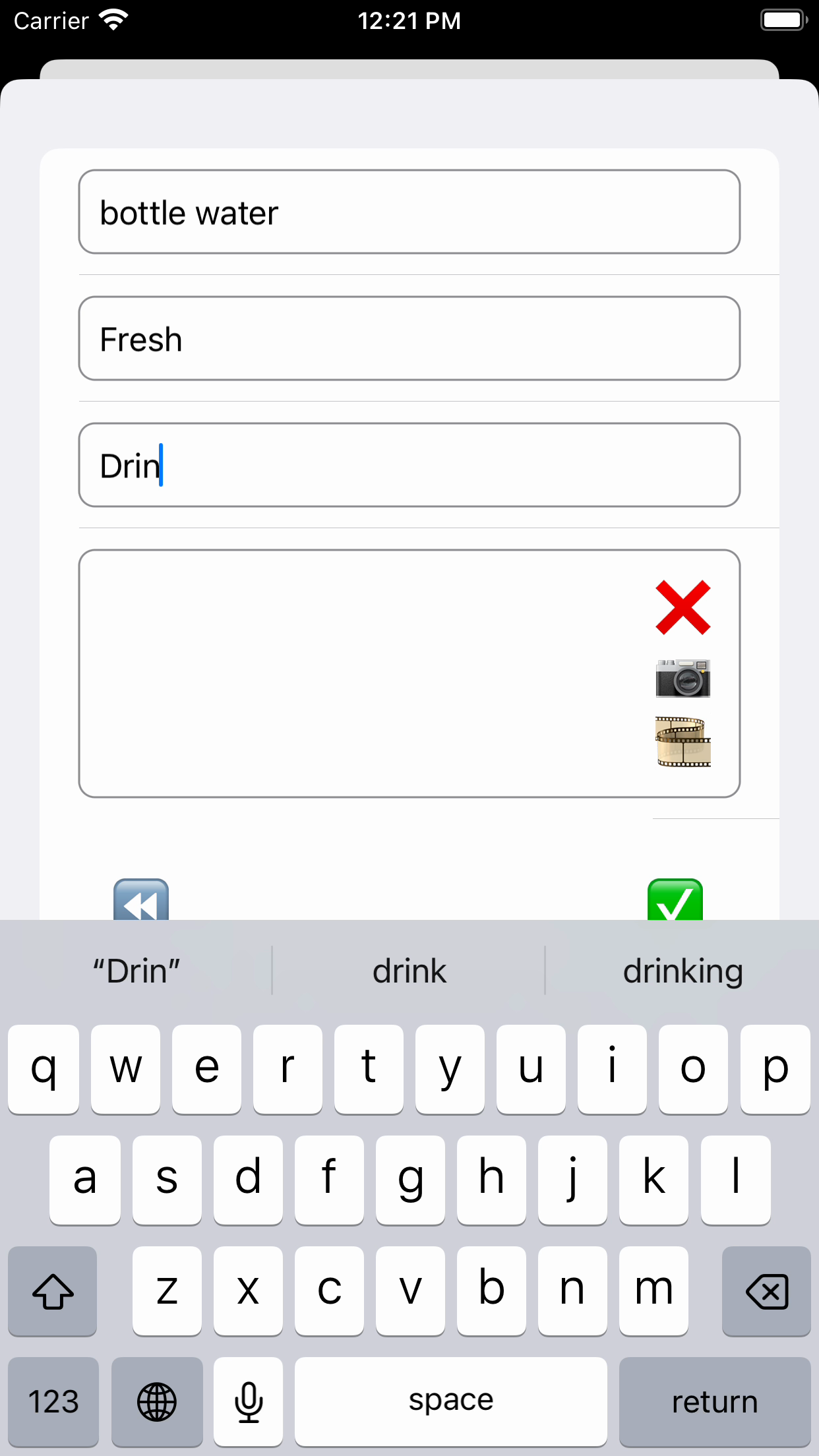 Ostu Nimekiri add item screen with item, description, group and photo buttons.