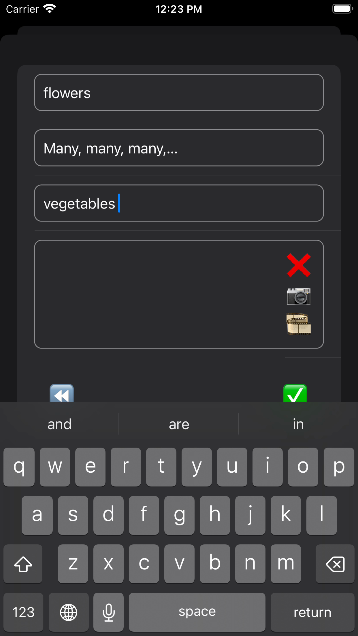 Ostu Nimekiri dark mode item screen with group and photo controls.