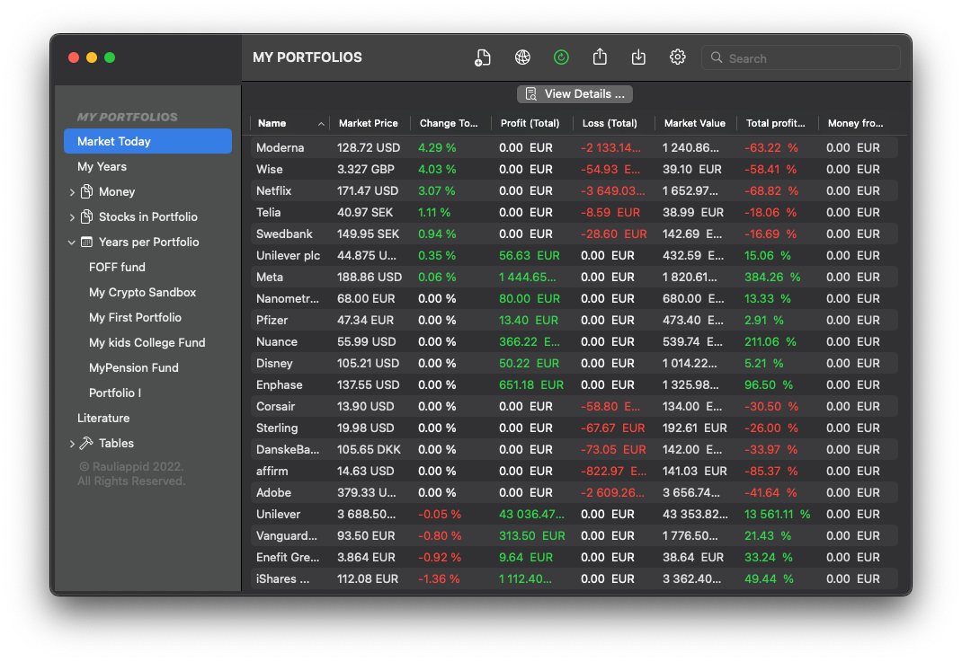 My Portfolios Pro dashboard showing portfolios, market values and investment tables.